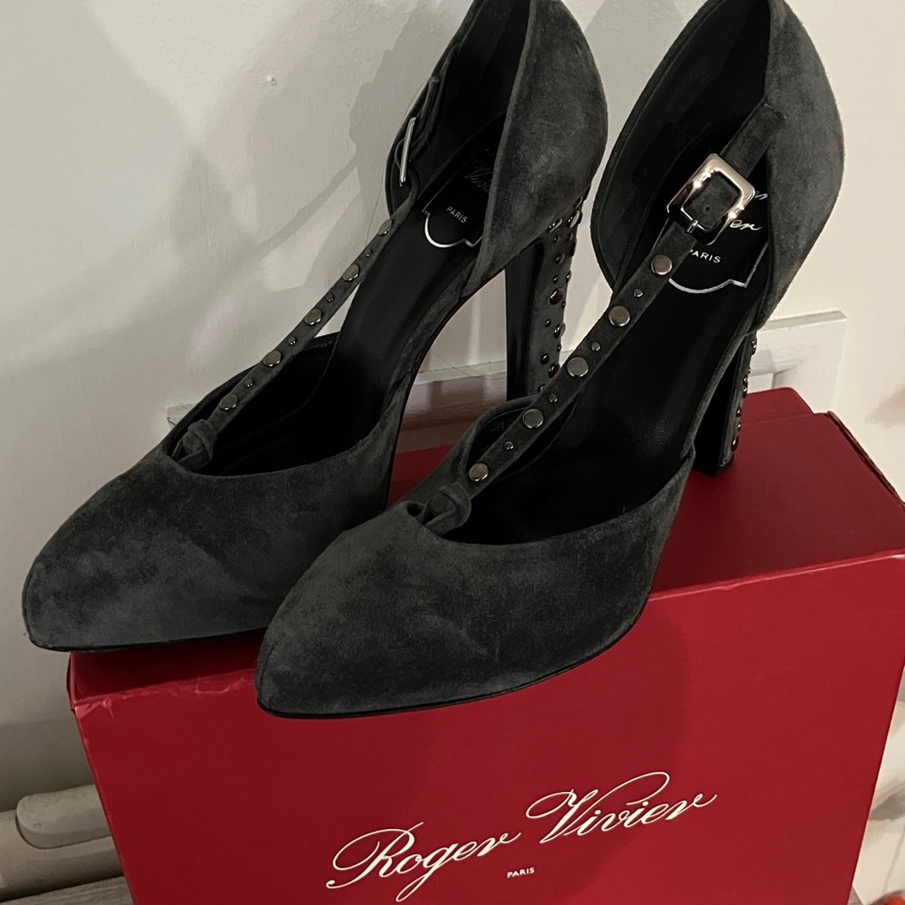 Roger Vivier Dark Gray Suede Heels with Studded Strap